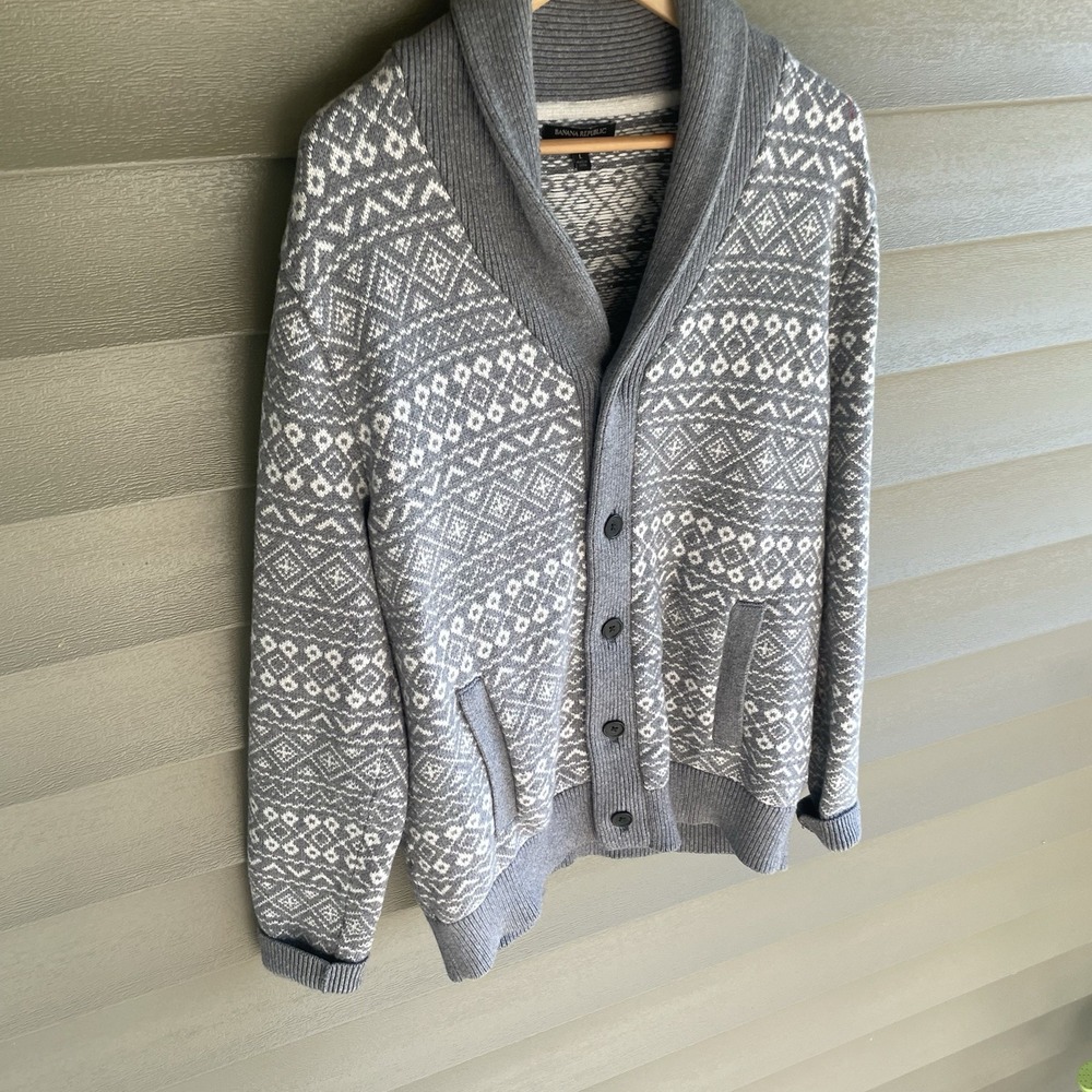 Banana Republic Gray Sweater Cardigan Women L Wool Cotton Knit Leather - Picture 3 of 7